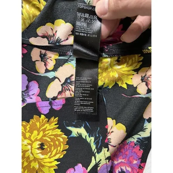 Topshop Floral Wrap Blouse Womens Size 10 Black Yellow Preppy Classic NWT - Picture 10 of 12